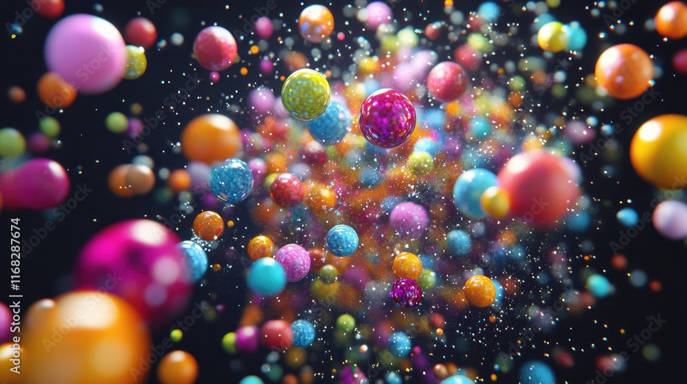 Poster ai-rendered particle swirls with glowing orbs in vibrant colors against a black void.