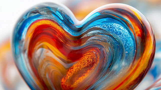 Vibrant glass heart in swirling red blue orange patterns symbolizing love passion energy and creativity artistic chaos with open caption space on the side perfect for bold statements

