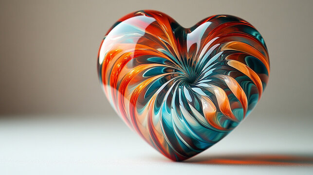 Vibrant glass heart in swirling red blue orange patterns symbolizing love passion energy and creativity artistic chaos with open caption space on the side perfect for bold statements

