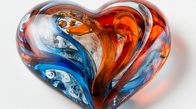 Vibrant glass heart in swirling red blue orange patterns symbolizing love passion energy and creativity artistic chaos with open caption space on the side perfect for bold statements

