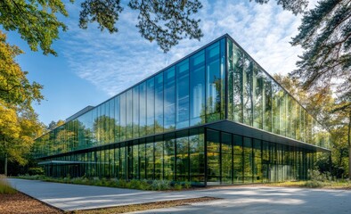 Obraz premium Modern glass building in park setting.