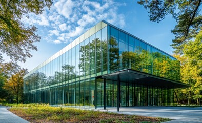 Fototapeta premium Modern glass building in autumn park.