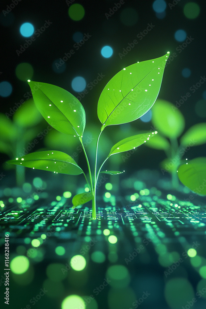 Poster futuristic glowing financial algorithm data with growing plants. generative ai