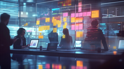 Innovative workspace with professionals collaborating on digital projects using AI