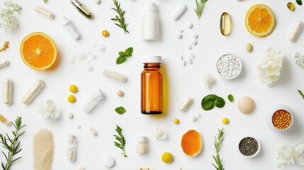 Stylish flat lay of various health supplements and vitamins on a clean, white background 