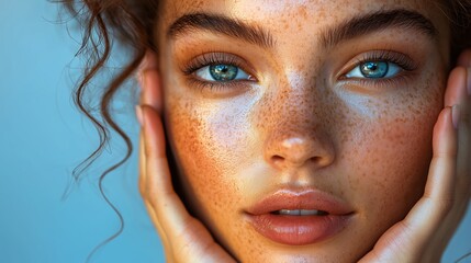 A captivating close-up portrait of a woman with vibrant freckles, radiant skin, and piercing blue eyes. Ideal for natural beauty, skincare, and lifestyle campaigns.