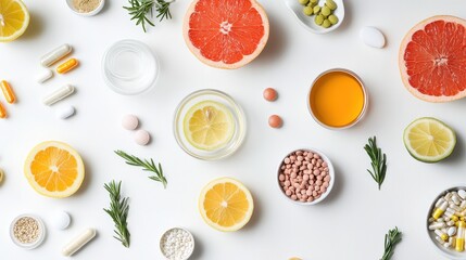 Stylish flat lay of various health supplements and vitamins on a clean, white background for a wellness brand ad