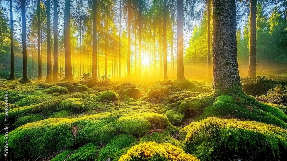 Poster a misty forest at dawn, with soft sunlight filtering through fog, casting a warm glow over moss-cove