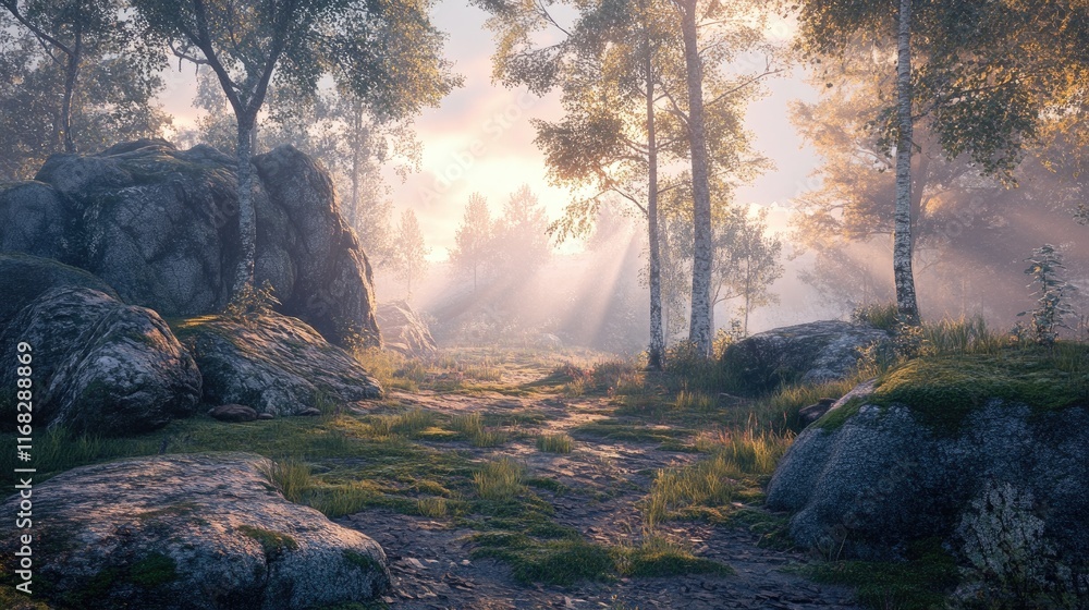 Poster a misty forest at dawn, with soft sunlight filtering through fog, casting a warm glow over moss-cove