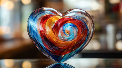 Vibrant glass heart in swirling red blue orange patterns symbolizing love passion energy and creativity artistic chaos with open caption space on the side perfect for bold statements

