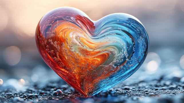 Vibrant glass heart in swirling red blue orange patterns symbolizing love passion energy and creativity artistic chaos with open caption space on the side perfect for bold statements

