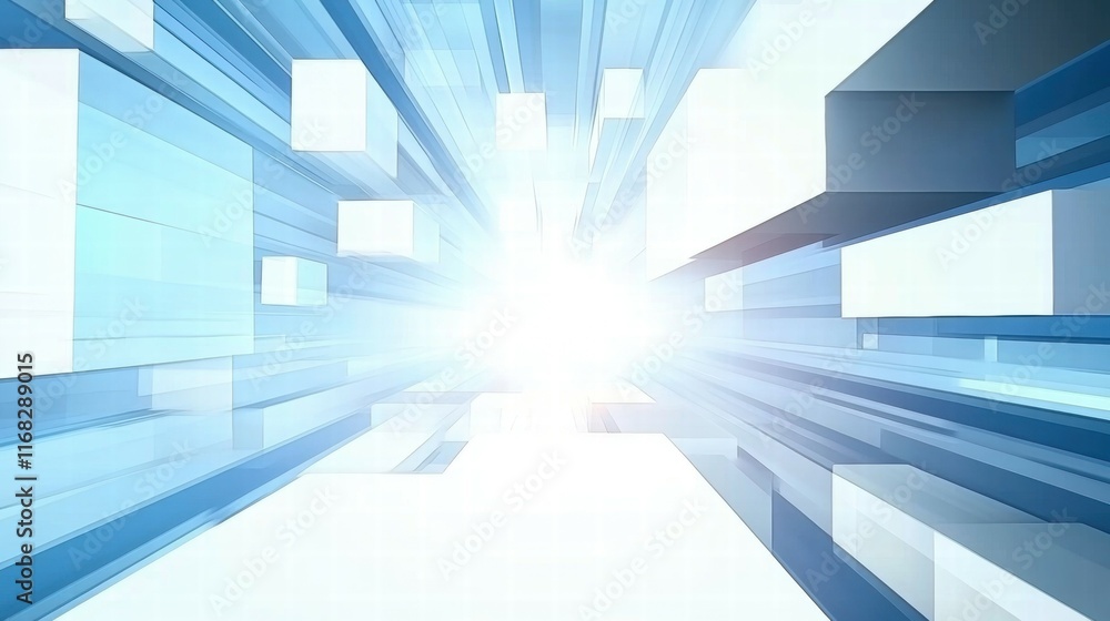 Poster Abstract blue and white background with light rays and cubes, suggesting depth and motion.