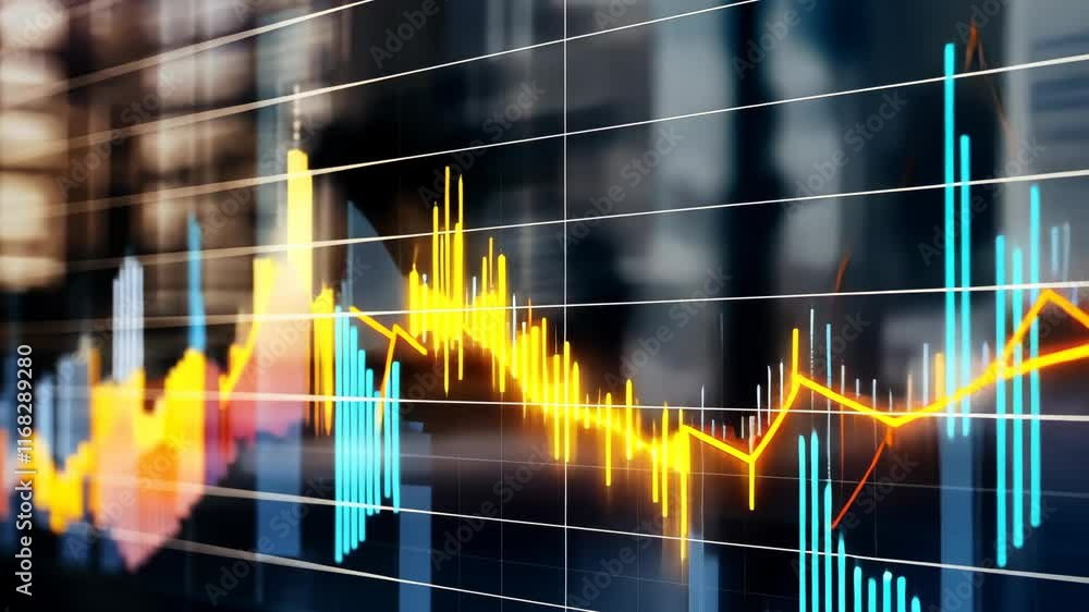 Poster dynamic financial data visualization with bright colorful bar graphs and charts
