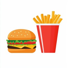 a cheeseburger with fries, American cuisine, cartoon flat design, bright colors, isolated on white background