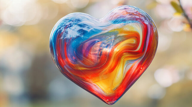Vibrant glass heart in swirling red blue orange patterns symbolizing love passion energy and creativity artistic chaos with open caption space on the side perfect for bold statements

