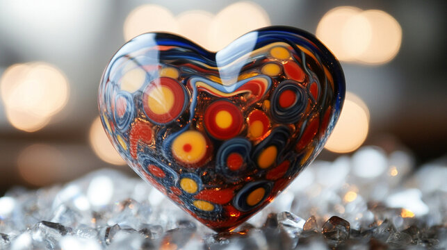Vibrant glass heart in swirling red blue orange patterns symbolizing love passion energy and creativity artistic chaos with open caption space on the side perfect for bold statements

