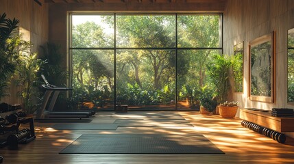 Serene Home Gym with Lush Greenery View