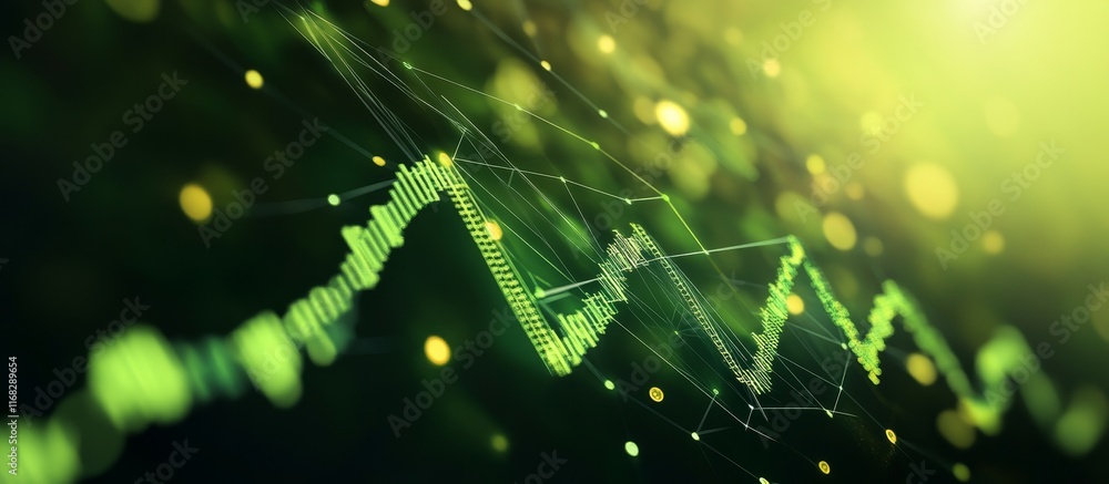 Poster Abstract green glowing stock market graph with data points and lines.