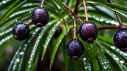 Close-Up of Saw Palmetto Berries: Dark Purple with Dew Drops on Spiny Green Leaves