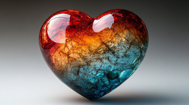 Vibrant glass heart in swirling red blue orange patterns symbolizing love passion energy and creativity artistic chaos with open caption space on the side perfect for bold statements

