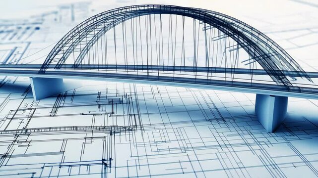 Architectural Blueprint of Modern Bridge Construction Concept with Details
