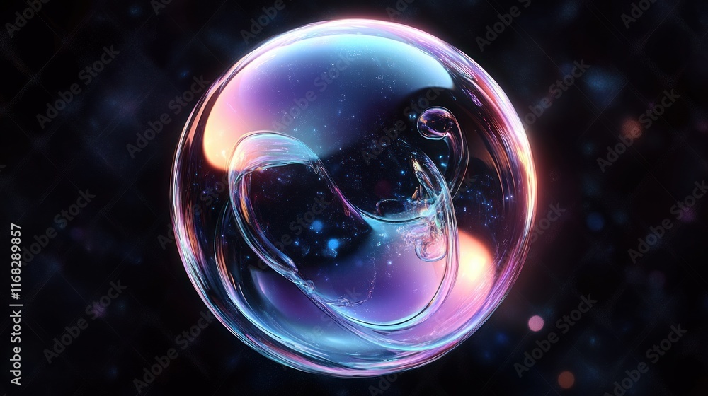 Aufkleber hyper-realistic soap bubble floating in space with holographic effect and ethereal light on dark bac