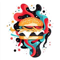 a cheeseburger with fries, American cuisine, cartoon flat design, bright colors, isolated on white background