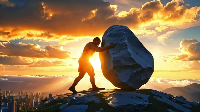 Silhouette of Determination Against a Golden Sunset Landscape
