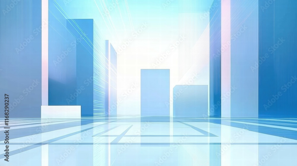 Poster abstract cityscape with geometric shapes and a light gradient background.