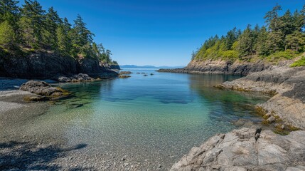 A tranquil bay with crystal-clear water, bordered by rocky cliffs and trees, under a calm, clear sky, offering a peaceful nature backdrop with plenty of space.