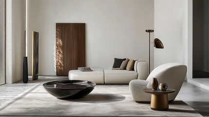 Minimalist living room with modern furniture and home d cor for an interior design or furniture ad