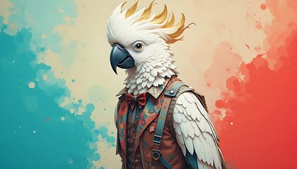 Stylish Cockatoo Bird Watercolor Artwork Wearing Vest Bowtie