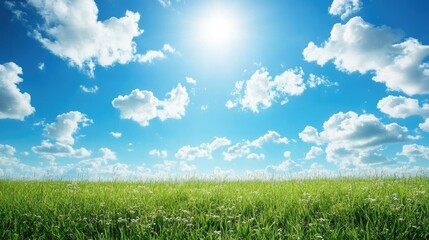 Obraz premium A wide open field with tall, swaying grasses under a bright blue sky, offering an expansive natural landscape with ample space for design elements.