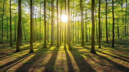 Fototapeta premium A wide forest view with sunlight filtering through the trees, casting long shadows on the forest floor and creating a serene and fresh backdrop.