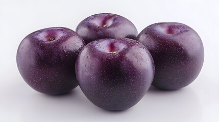 Obraz premium Four Dark Purple Plums Resting on White Background
