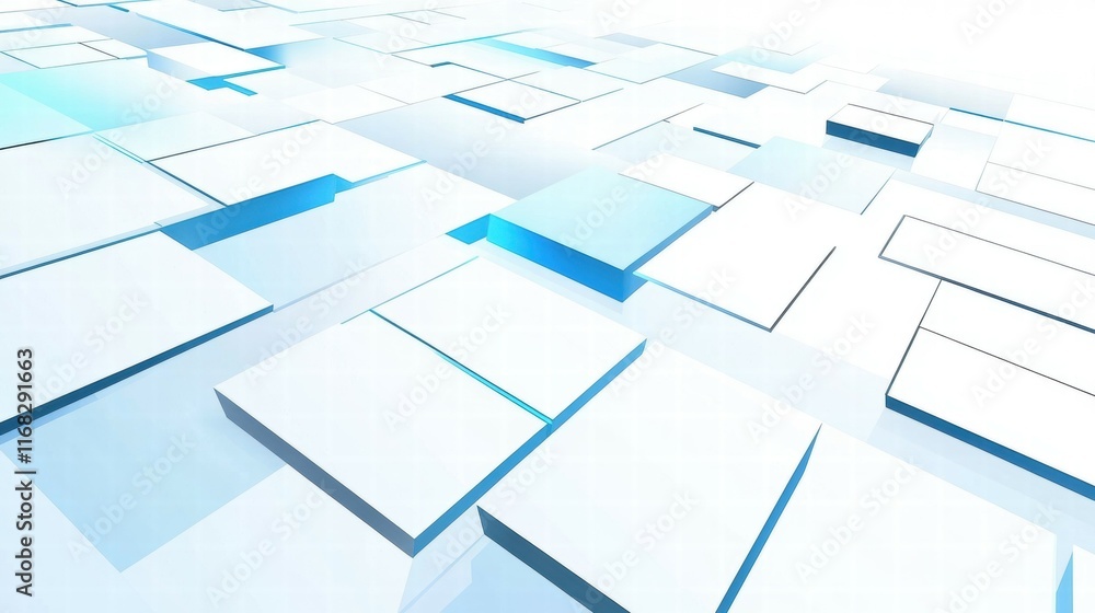 Poster abstract design featuring layered geometric shapes in blue and white tones.