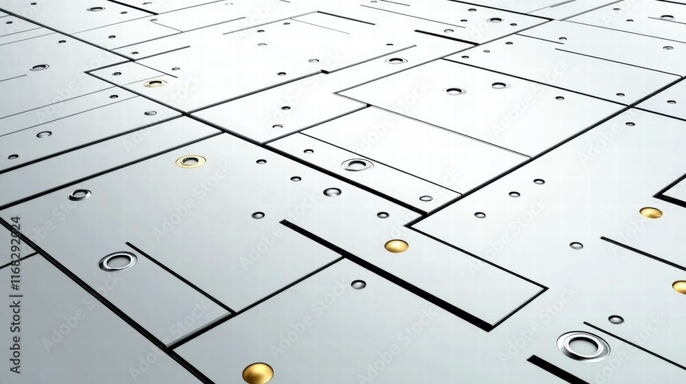 Poster a close-up view of a metallic surface with geometric patterns and circular indentations.