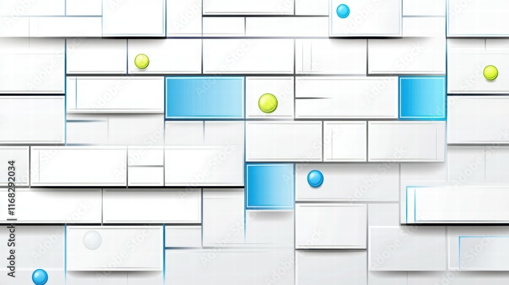Poster abstract geometric design with colorful spheres on a white background.