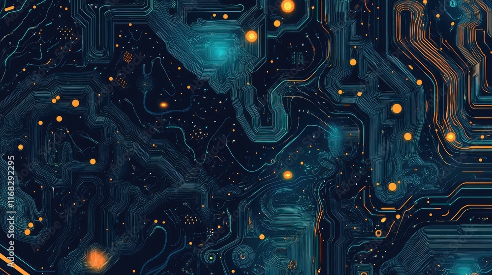 Poster digital circuitry pattern resembling ai neural networks with glowing points of light on a navy blue 