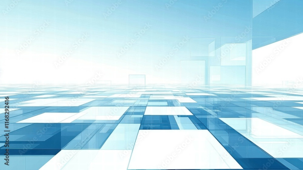 Poster abstract blue geometric design with layered squares and a light background.