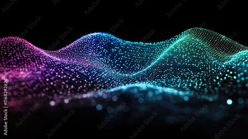 Poster dynamic flow of light and color resembling ai data visualization in gradients of purple, green, and 