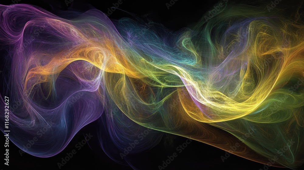 Poster dynamic flow of light and color resembling ai data visualization in gradients of purple, green, and 