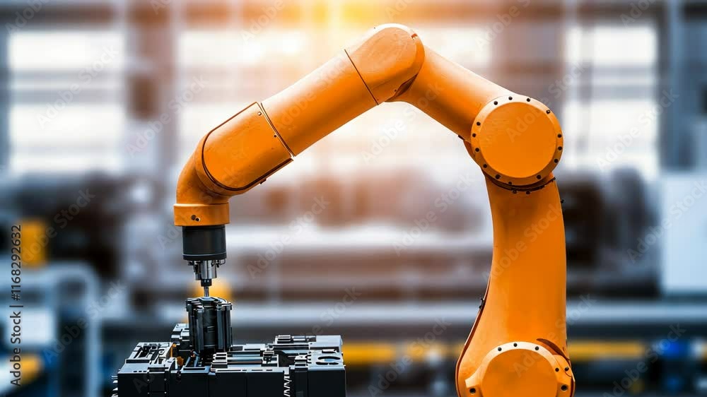 Poster robotic arm in industrial setting performing precise assembly tasks