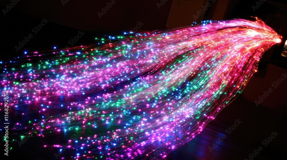 Poster dynamic light streaks resembling ai data streams in shades of neon pink and cyan.
