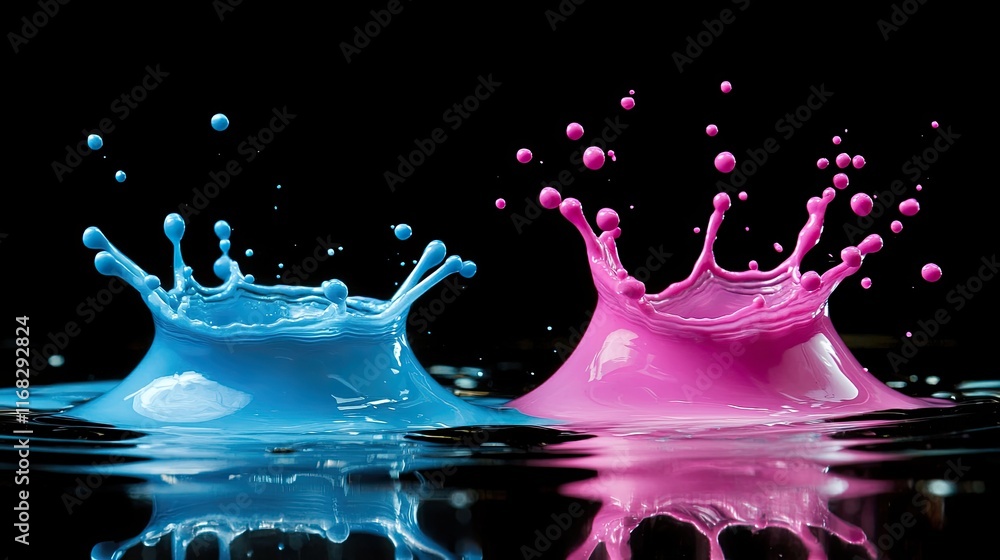 Poster dynamic liquid splash in vibrant magenta and cyan, creating a dramatic abstract effect.