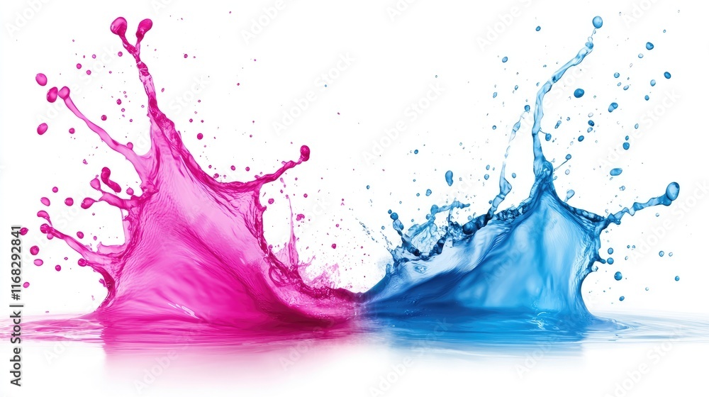 Poster dynamic liquid splash in vibrant magenta and cyan, creating a dramatic abstract effect.
