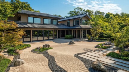 Obraz premium Elevated view of a traditional zen garden featuring delicate sand patterns and minimalist rock placements.