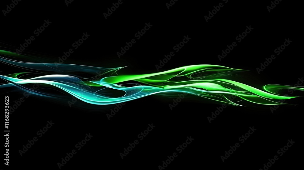 Poster glowing liquid effect with dynamic flows of neon green and electric blue blending into a black void.