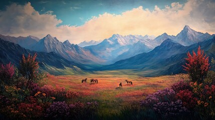 Obraz premium Aerial view of a mountain plateau with grazing wild horses 