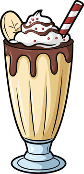 cartoon milkshake with banana, chocolate, whipped cream clip art preview